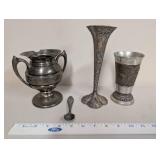 Antique Silverplated Decor Set - Sugar Bowl, Bud Vase, German Beaker, Norge Spoon