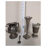 Antique Silverplated Decor Set - Sugar Bowl, Bud Vase, German Beaker, Norge Spoon