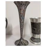 Antique Silverplated Decor Set - Sugar Bowl, Bud Vase, German Beaker, Norge Spoon