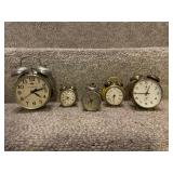 Collection of 5 Vintage Wind-Up Alarm Clocks Mixed Brands