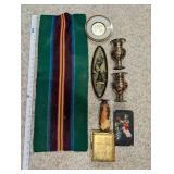 Collection of Vintage Decorative Items Including Art of Chokin Plate, Brass Vases, and Textiles