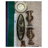 Collection of Vintage Decorative Items Including Art of Chokin Plate, Brass Vases, and Textiles