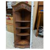 Wooden Corner Shelf with Floral Carving, 4-Tier, 19 Inch