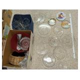 Collection of Vintage Glass and Porcelain Tableware Including Plates, Pitchers, and Decorative Dishes