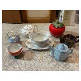 Collection of 6 Porcelain and Ceramic Teapots with Vintage Sugar Bowl