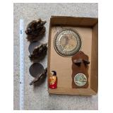 Vintage Home Decor Lot with Carved Bookends, Wall Plaque, Brass Plate, and Nesting Dolls