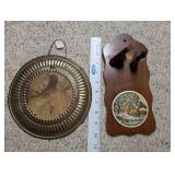 Vintage Home Decor Lot with Carved Bookends, Wall Plaque, Brass Plate, and Nesting Dolls