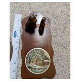 Vintage Home Decor Lot with Carved Bookends, Wall Plaque, Brass Plate, and Nesting Dolls