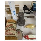 Vintage Collectibles Lot: Vases, Fishing Lures, Edison Record, Mini Clock and More