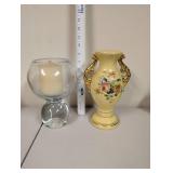 Glass Candle Holder and Ornate Floral Ceramic Vase Set