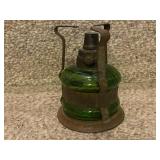Antique Green Glass Oil Lantern with Metal Frame