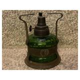 Antique Green Glass Oil Lantern with Metal Frame