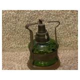 Antique Green Glass Oil Lantern with Metal Frame