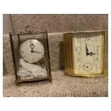 Pair of Brass Mantel Clocks Including Linden Westminster and Rotating Pendulum Clock