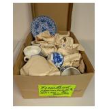 Collection of Flow Blue Pattern Cups, Plates, and Creamer