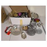 Box Lot of Vintage Pewter, Silver, and Aluminum Tableware and Glasses