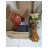 Vintage Toy Set with Tom Thumb Cash Register, Metal Stove, Wooden Car, and Record Collection