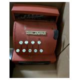 Vintage Toy Set with Tom Thumb Cash Register, Metal Stove, Wooden Car, and Record Collection