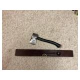 Vintage Wood Level and Hatchet with Wrapped Handle