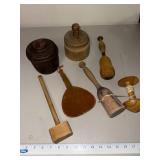Collection of Antique Wooden Butter Molds, Mallets, and Kitchen Utensils