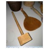 Collection of Antique Wooden Butter Molds, Mallets, and Kitchen Utensils