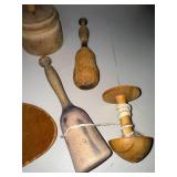 Collection of Antique Wooden Butter Molds, Mallets, and Kitchen Utensils