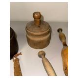 Collection of Antique Wooden Butter Molds, Mallets, and Kitchen Utensils