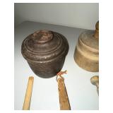 Collection of Antique Wooden Butter Molds, Mallets, and Kitchen Utensils