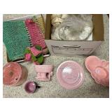 Collection of Pink and Charcoal Dinnerware with Planters and Crocheted Linens