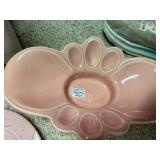 Collection of Pink and Charcoal Dinnerware with Planters and Crocheted Linens