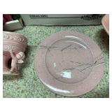 Collection of Pink and Charcoal Dinnerware with Planters and Crocheted Linens