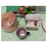 Collection of Pink and Charcoal Dinnerware with Planters and Crocheted Linens