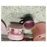 Collection of Pink and Charcoal Dinnerware with Planters and Crocheted Linens