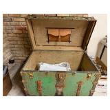 Antique Jas. A. Quirk Green Steamer Trunk with Brass Hardware