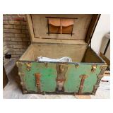 Antique Jas. A. Quirk Green Steamer Trunk with Brass Hardware