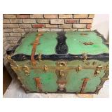 Antique Jas. A. Quirk Green Steamer Trunk with Brass Hardware
