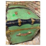 Antique Jas. A. Quirk Green Steamer Trunk with Brass Hardware
