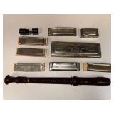 Collection of Vintage Harmonicas and Brown Plastic Recorder
