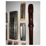 Collection of Vintage Harmonicas and Brown Plastic Recorder