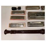 Collection of Vintage Harmonicas and Brown Plastic Recorder