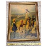 Framed 1948 Religious Print Jesus with Children