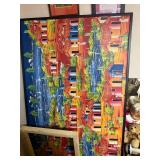 Framed Haitian Village Landscape Painting with Vibrant Colors