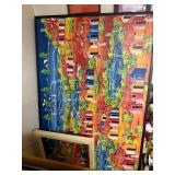 Framed Haitian Village Landscape Painting with Vibrant Colors