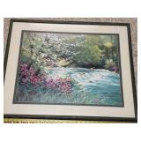 Framed Landscape Artwork by Howard Rogers with Waterfall and Blossoms