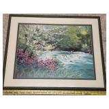Framed Landscape Artwork by Howard Rogers with Waterfall and Blossoms