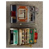 Set of 2 Vintage Slot Machine Bank Toys - One Armed Banker and Golden Jackpot