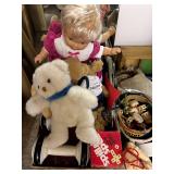 Collection of Vintage Toys, Plush Animals, Game Pieces, and Metal Toy Case