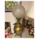 Vintage Brass Table Lamp with Frosted Glass Globe and Crystal Accents
