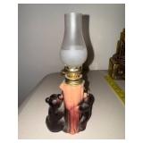 Vintage Bear Figurine Oil Lamp with Smoky Glass Chimney - 7 Inch
