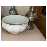 Vintage Milk Glass Serving Bowl with Plate and Silver Oil Lamp